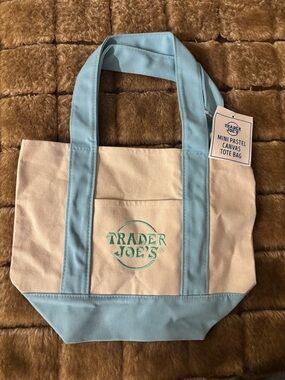 Trader Joe's Mini Canvas Tote in Light Blue and Cream